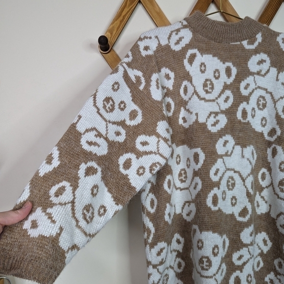 Vintage 80s Needle and Yarn Teddy Bear Oversized Knit Mock Neck Sweater - Picture 3 of 7